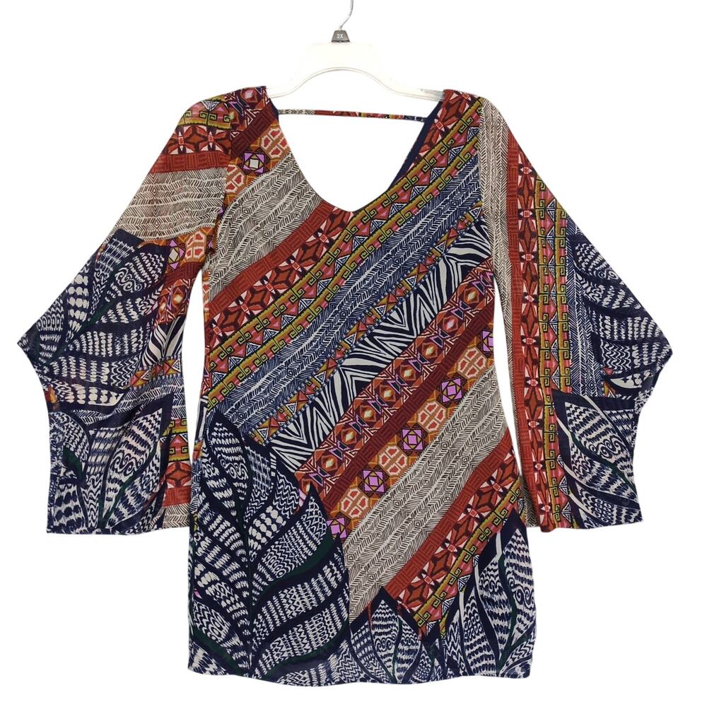 Pink Owl Women's S Oversized Sheer Kimono Flare Sleeves Boho Tribal Mini Dress